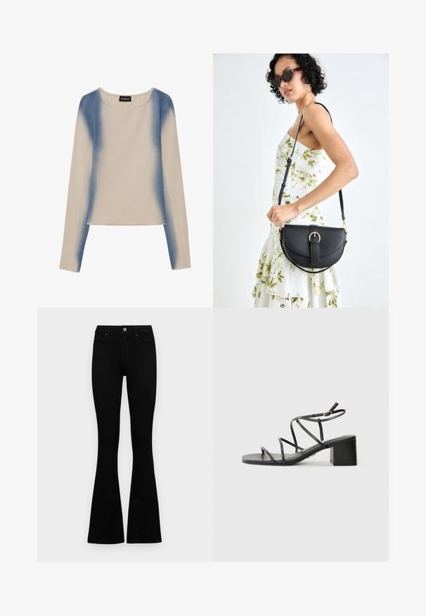 Long-sleeve top in light beige, featuring a gradient blue design. Smooth texture with a round neckline and straight hemline.; Black high-waist jeans with a button and zip closure, front pockets, and flared legs laid flat on a white background.; Black strappy sandals with a square toe and a chunky heel, made of smooth material. Features adjustable ankle straps and minimal hardware.; Black leather handbag with a curved shape, detachable strap, and gold hardware. The bag features a flap with a buckle detail.