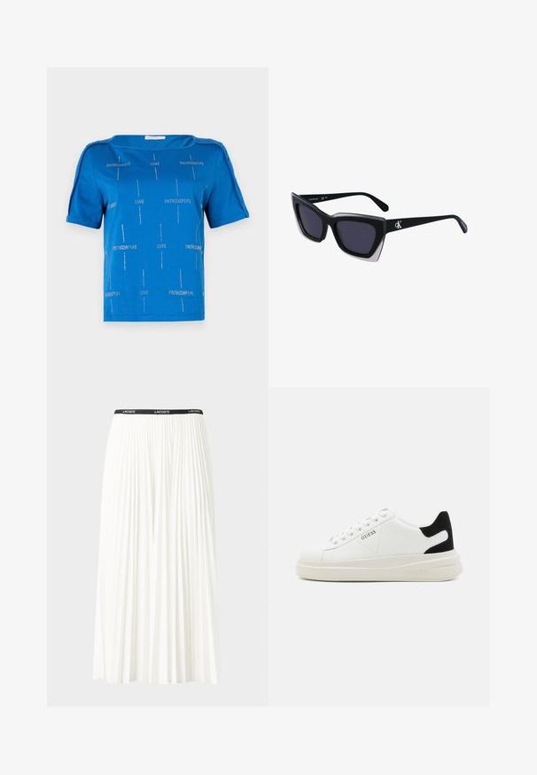 Blue cotton t-shirt featuring short sleeves, a boat neckline, and silver text patterns reading "LOVE" and "PATRIZIAPPE" throughout.; Pleated white skirt with a black elastic waistband featuring the "LACOSTE" logo. Mid-length design with soft texture.; White leather sneakers with a thick white sole, black suede heel accent, and embossed logo on the side. Laced design with six eyelets.; Black oversized sunglasses with a geometric shape, featuring dark lenses and a contrasting grey detail on the frame. Logo on the arm.