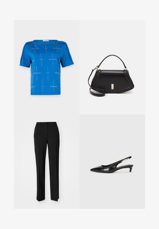 Blå bomull T-skjorte med korte ermer, båtutringning og sølvfargede tekstmønstre som leser "KJÆRLIGHET" og "PATRIZIAPPE" over hele.; Sorte skreddersydde bukser med rett silhuett, med en glatt tekstur og klare pressede bretter foran. Ingen synlig maskinvare.; Sorte lærreim hæler med spiss tå, som har en slank hæl og en gullfarget detalj på den justerbare stroppen. Glatt tekstur.; Sort lærveske med en strukturert design, som har en avkortet form, topphåndtak og detaljer i gull. Justerbar skulderstropp inkludert.