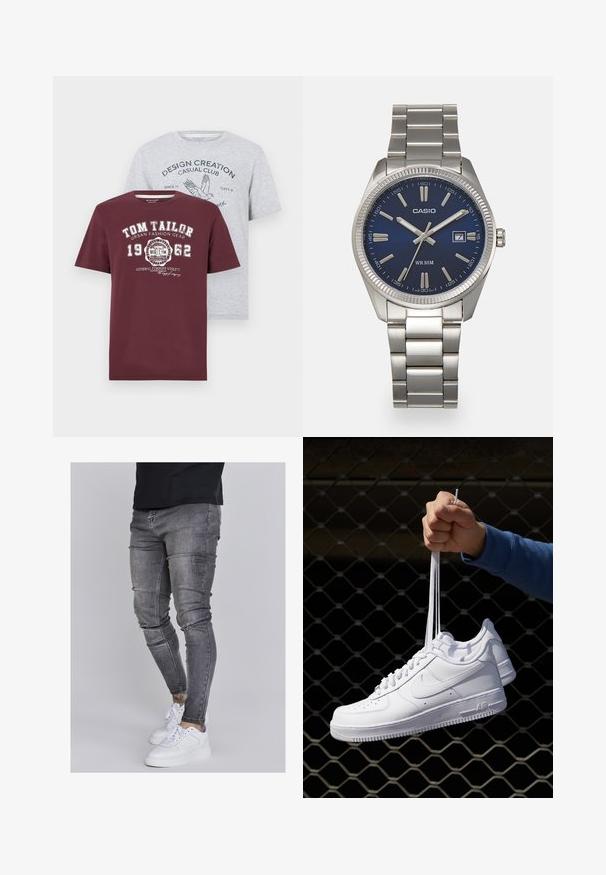 Zwei T-Shirts: eines in kastanienrot mit weißem Druck, das das "TOM TAILOR"-Logo zeigt; das andere in hellgrau mit blauer Grafikschrift und Vogelmotiv. Kurzärmlig, aus Baumwollmischung.; Schlanke Jeans aus ausgebleichtem grauem Denim, mit abgenutzten Details an den Knien, kombiniert mit weißen Sneakers. Glatte Textur, schlanker Schnitt.; Weiße Leder-Sneaker mit Perforationen, runder Zehenpartie, flacher Sohle und dicken Schnürsenkeln, mit sichtbar eingesticktem Swoosh-Logo und "AIR" an der Ferse.; Silberner Armbanduhr aus Edelstahl mit einem dunkelblauen Zifferblatt, metallischen Stundenmarkierungen und einem Datumsfenster bei 3 Uhr. Wasserdicht bis 50 Meter.