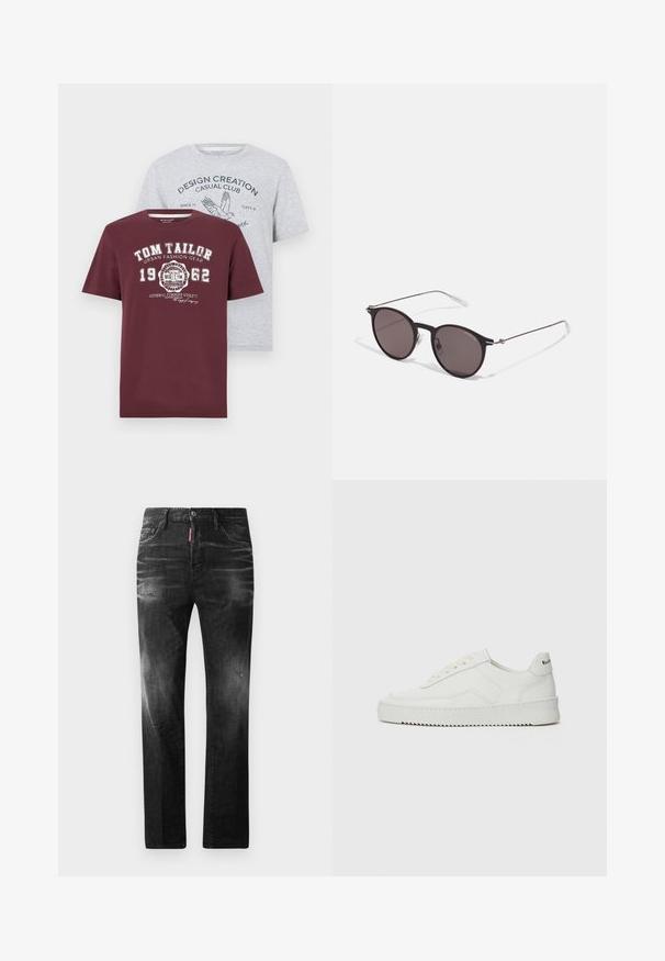 Två T-shirts: en vinröd med vit tryck som har "TOM TAILOR"-logotypen; en ljusgrå med blå grafisk text och fågeldesign. Korta ärmar, blandning av bomull.; Svarta denimjeans med rak passform. Har blekta områden, mindre slitningar, klassisk femficksdesign och knäppning med knapp.; Vita lädersneakers med en jämn yta, rund tå, platta snörningar och en strukturerad sula. Har en diskret logotyp på hälen.; Svarta runda solglasögon med mörka linser och smala metallarmar. Inkluderar klara tempeltips och silverdetaljer vid gångjärnet. Minimalistisk design.