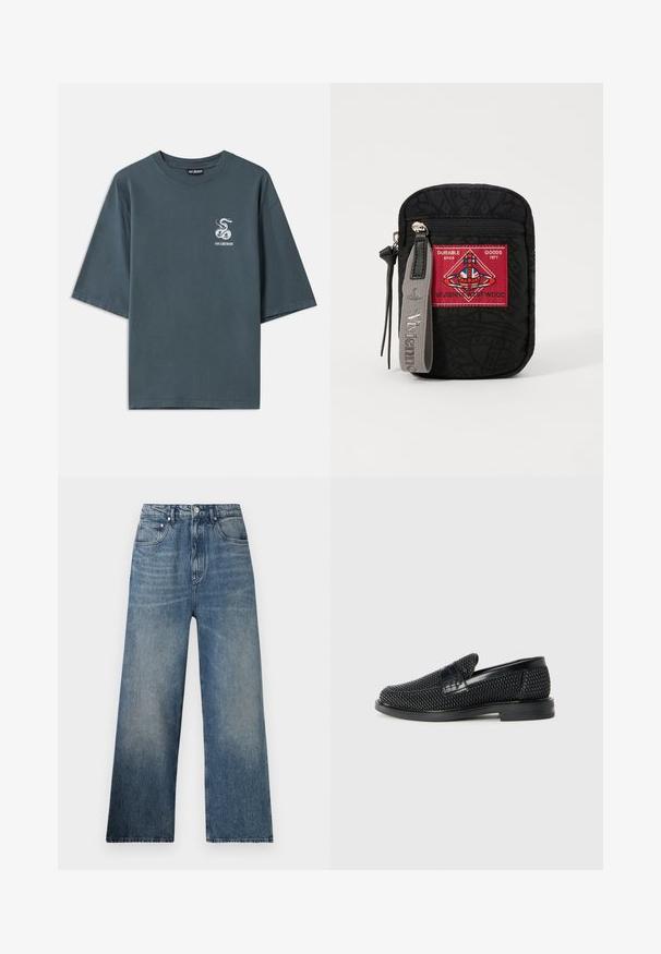 Szara bawełniana koszulka z krótkim rękawem, z małym białym grafiką węża po lewej stronie oraz luźnym krojem i gładką fakturą.; Niebieskie dżinsowe spodnie o szerokich nogawkach i wysokim stanie, z delikatnym efektem wyblaknięcia, pięcioma kieszeniami oraz metalowym zapięciem z przodu.; Czarny, pleciony but wsuwany z gładkim skórzanym akcentem na cholewce, o okrągłym nosku i niskoprofilowej gumowej podeszwie.; Czarna saszetka z teksturowanej tkaniny, z czerwoną łatką z logo, zamknięciem na zamek oraz szarym paskiem z wytłoczonym nazwiskiem marki.