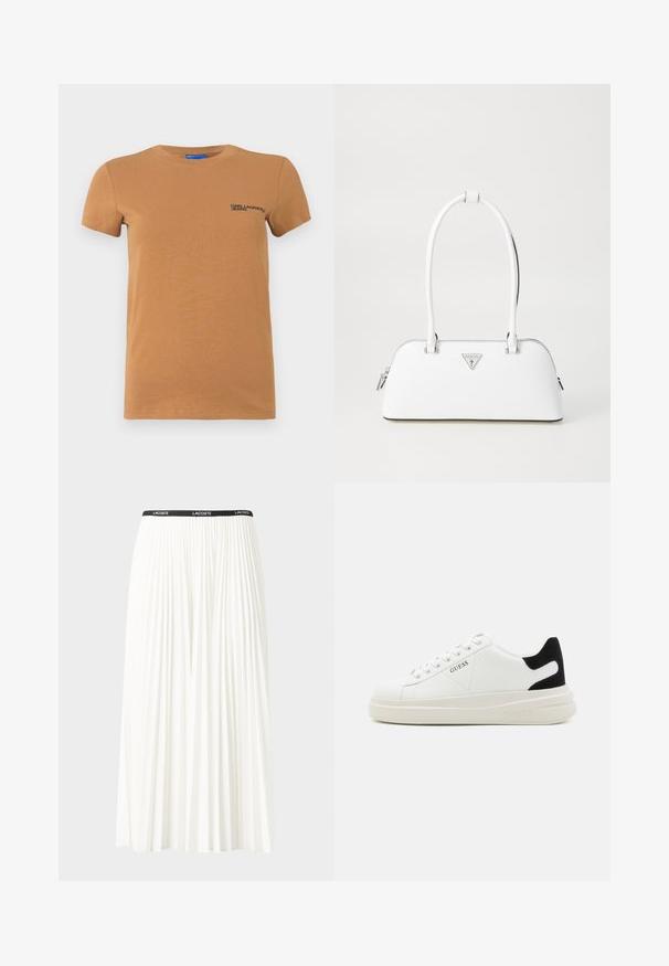 Short-sleeve tan crewneck t-shirt with "KARL LAGERFELD JEANS" logo printed on the left chest.; Pleated white skirt with a black elastic waistband featuring the "LACOSTE" logo. Mid-length design with soft texture.; White leather sneakers with a thick white sole, black suede heel accent, and embossed logo on the side. Laced design with six eyelets.; White leather handbag with a curved shape, featuring a silver triangular logo and zipper closure. Smooth texture and dual handles.