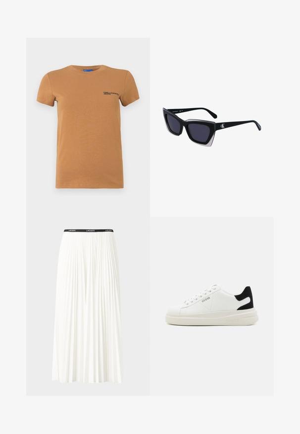 Kortärmad beige t-shirt med rund hals och "KARL LAGERFELD JEANS" logotyp tryckt på vänster bröst.; Fälld vit kjol med svart elastiskt midjeband som har "LACOSTE"-logotypen. Mittenlång design med mjuk textur.; Vita lädersneakers med en tjock vit sula, svartsuede hälaccent och präglad logotyp på sidan. Snörningsdesign med sex öglor.; Svart överdimensionerade solglasögon med geometrisk form, med mörka linser och en kontrasterande grå detalj på ramen. Logotyp på bygeln.