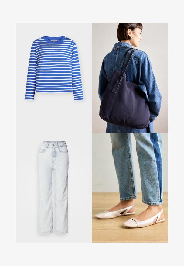 Blau-weiß gestreiftes Langarmshirt mit rundem Ausschnitt. Hergestellt aus weichem Material, mit gleichmäßigen horizontalen Streifen und lockerem Sitz.; Hellblaue hoch sitzende Jeans mit geradem Bein, aus Denim gefertigt. Verfügt über einen Knopfverschluss, ein Fünf-Taschen-Design und eine subtile, ausgewaschene Textur.; Blassrosa Slingback-Ballerinas mit spitzem Punkt, aus einem glatten, lederähnlichen Material. Mit Ausschnitten an den Seiten und einem flachen Absatz.; Marinefarbene Leinenschultertasche mit weicher, strukturierter Form, ausgestattet mit einem schwarzen Riemen, genähten Details und einem kleinen Markenschild.