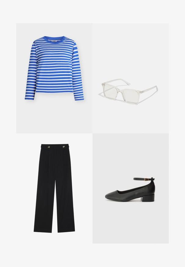 Modrobíle pruhované tričko s dlouhým rukávem a kulatým výstřihem. Vyrobeno z měkkého materiálu, s pravidelnými vodorovnými pruhy a volným střihem.; Černé široké kalhoty s vysokým pasem, detailní knoflíky na pase a přední záhyby.; Černé kožené lodičky s špičatou špičkou a nízkým blokovým podpatkem. Obsahují pásek kolem kotníku se zlatou sponou. Hladký povrch.; Průhledné plastové brýle čtvercového rámečku s průsvitnými čočkami, které mají zlaté akcenty na spáncích pro zvýraznění detailů.; Černá kožená tote taška s hladkým povrchem, strukturovaným tvarem, dvěma uchy a výrazným stříbrným detailem s přezkou na přední straně.