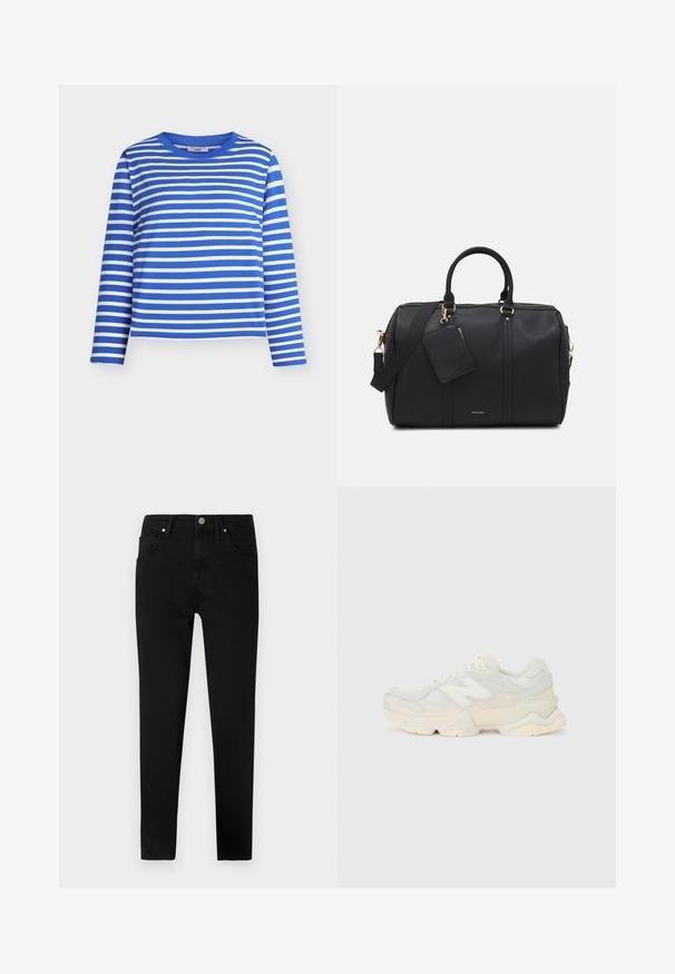 Camisa de manga larga a rayas azules y blancas con cuello redondo. Confeccionada en material suave, con rayas horizontales uniformes y un ajuste relajado.; Vaqueros de mezclilla negros con un corte ajustado, que cuentan con un cierre frontal de botón, trabillas para cinturón y un diseño clásico de cinco bolsillos. Textura suave.; Zapatilla ligera con parte superior de malla y ante en suaves tonos crema, con una suela gruesa y acentos tridimensionales.; Bolsa de viaje de cuero sintético negro con herrajes dorados, asas superiores dobles, correa para el hombro ajustable y un bolsillo de etiqueta removible.