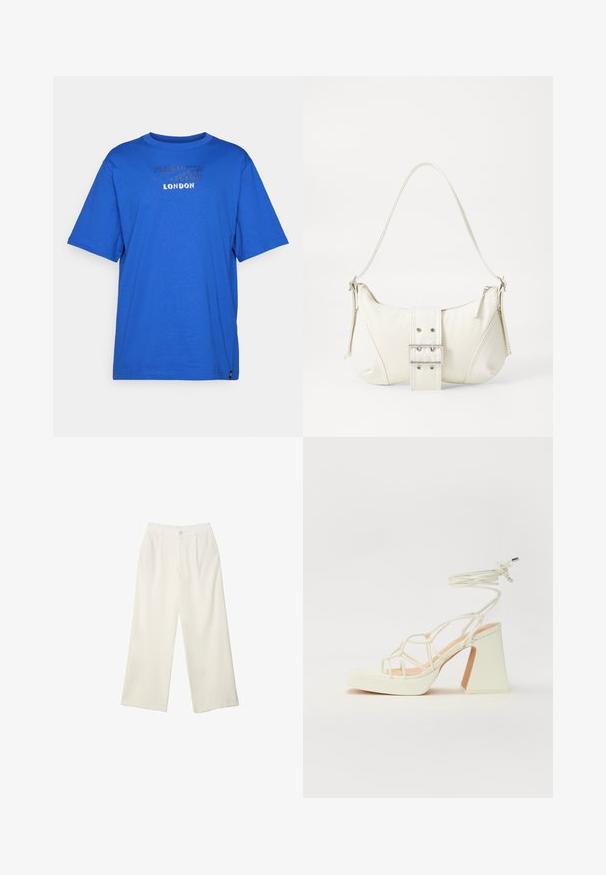 Modrá bavlnená tričko s okrúhlym výstrihom, krátkymi rukávmi a textúrovaným potlačou s nápisom "LONDON" na prednej strane. Bez vzorov alebo akcentov.; Široké nohavice z krémovej látky s hladkou textúrou, s jedným predným gombíkom, jemnými skladmi a vysokým pásom.; Biele sandále na vysokom opätku s hrubým podpätkom, s pruhovaným dizajnom a viazaním na členku. Hladký povrch s platformou vpredu pre zvýšenú výšku.; Biela taška cez rameno s textúrovaným povrchom, centrálnou prackou a zakriveným tvarom. Zipsy na oboch stranách.