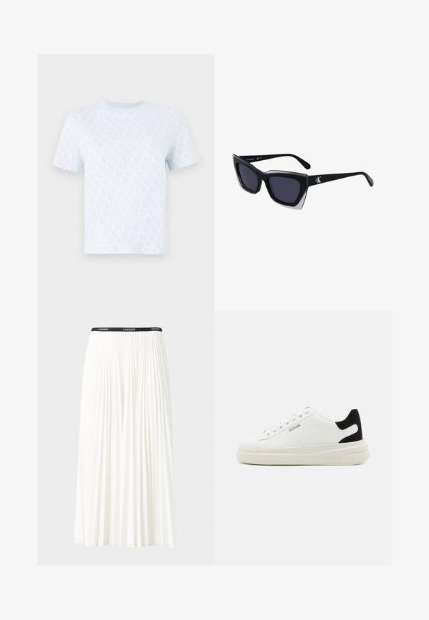 Camisa de manga corta azul claro con un patrón de logo repetitivo, cuello redondo y textura de tela suave. Diseño minimalista.; Falda blanca plisada con una cinturilla elástica negra que presenta el logotipo "LACOSTE". Diseño de longitud media con textura suave.; Zapatillas blancas de cuero con una suela blanca gruesa, acento en el talón de ante negro y logo grabado en el lateral. Diseño de cordones con seis ojales.; Gafas de sol negras de gran tamaño con una forma geométrica, que presentan lentes oscuros y un detalle gris contrastante en la montura. Logo en la pata.