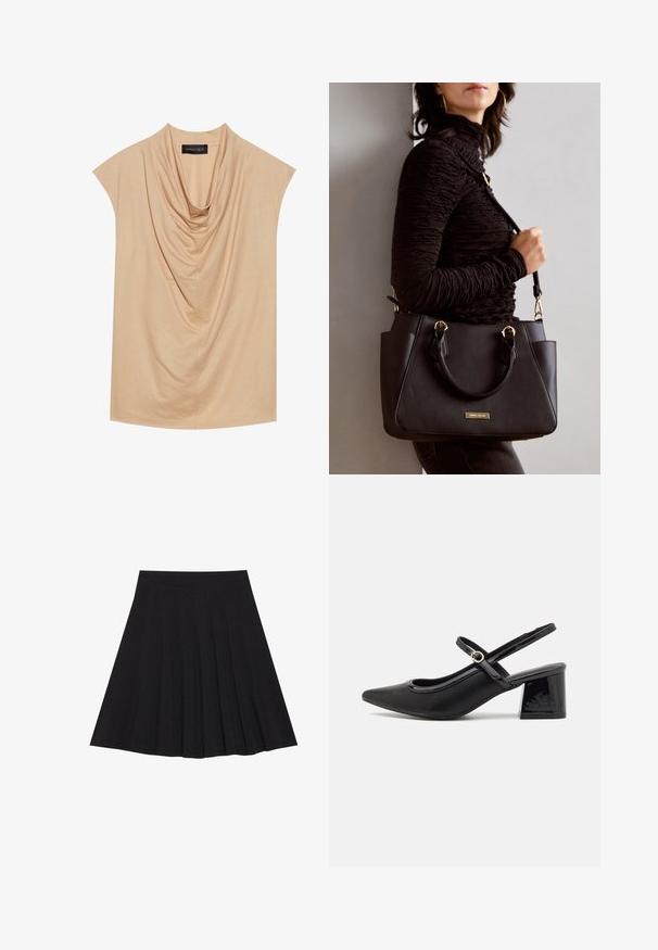 Μπεζ ριχτό τοπ από μαλακό ύφασμα, διακοσμημένο με κοντά μανίκια και σχέδιο με κολάρο. Απαλή υφή με διακριτές πτυχώσεις σε όλη την επιφάνεια.; Μαύρη πλισέ φούστα από υφασμάτινη υφή με εφαρμοστό λαιμό. Φτάνει μέχρι το γόνατο, προσφέροντας μια ομαλή και καθαρή σιλουέτα.; Μαύρα παπούτσια γοβάκια από πατενταρισμένο δέρμα με γωνιαστό μπροστινό μέρος, στρογγυλή κοπή και τετράγωνο τακούνι. Διαθέτουν μια χρυσή αγκράφα ως διακοσμητικό στοιχείο.; Μαύρη τσάντα χειρός με υφή, διπλές λαβές στην κορυφή και ρυθμιζόμενο ιμάντα ώμου. Διαθέτει χρυσά μεταλλικά στοιχεία και πλάγιες τσέπες.