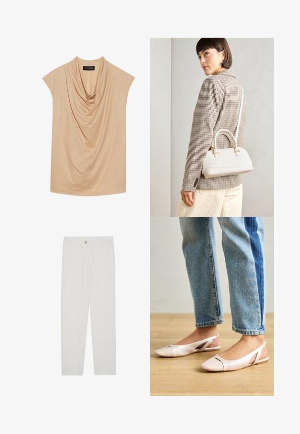 Top drapeado bege feito de tecido suave, com mangas curtas e decote em cowl. Textura lisa com dobras subtis por todo o lado.; Calças brancas, ajustadas, com um design de perna reta, apresentando um fecho de botão, passantes para cinto e bolsos laterais; textura de tecido suave.; Sapatilhas slingback de cor rosa pálido com bico fino, feitas de um material semelhante a couro liso. Apresentam detalhes recortados nas laterais e um salto plano.; Bolsa estruturada branca com alças curtas e uma alça de ombro, com detalhes em hardware dourado e material texturizado, exibida contra um fundo cinza.