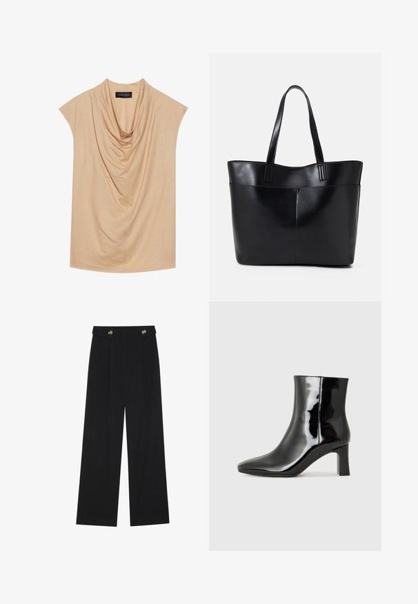 Bežinė drapingas palaidinė, pagaminta iš minkštos medžiagos, turi trumpas rankoves ir gaubtą apykaklę. Lygus tekstūra su subtiliomis raukšlėmis visame paviršiuje.; Juodi plačios kojos kelnės su aukštu liemeniu, sagų detalėmis ant liemens ir priekinėmis raukšlėmis.; Juodos lakuotos odinės aulinukės su smailiu pirštu ir vidutinio aukščio blokuotu kulnu. Lygus paviršius ir minimalistinis dizainas.; Juoda odinė rankinė su dviem ilgais diržais, lygiu paviršiumi ir struktūrizuota forma. Yra priekinė kišenė papildomam saugojimui.