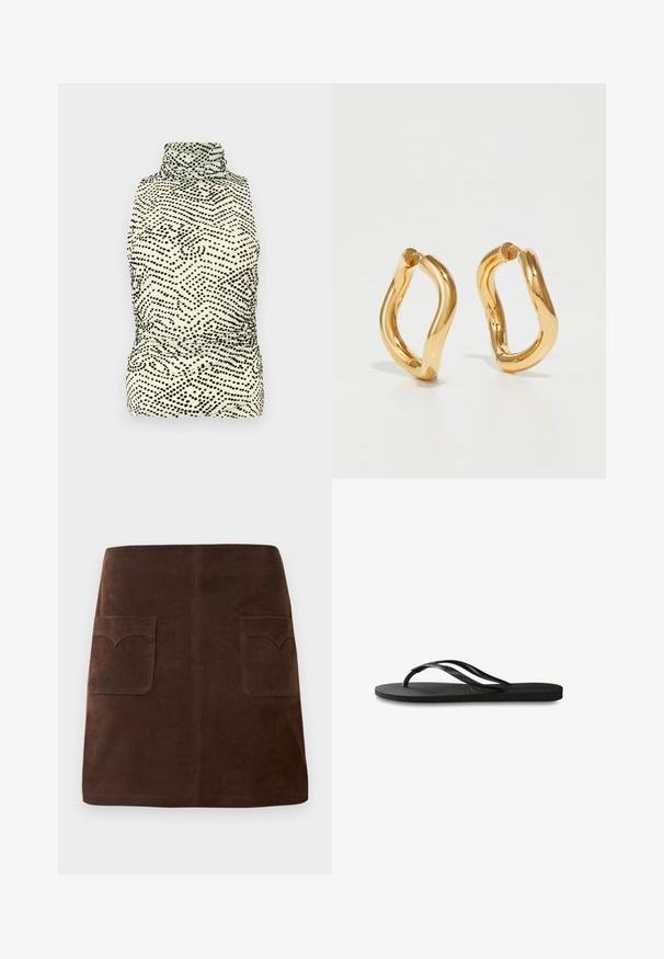 Dopasowana, bezrękawnikowa bluzka z wysokim dekoltem, w kolorze kremowym z czarnym wzorem w faliste kropki; wykonana z gładkiego, elastycznego materiału.; Brązowa zamszowa spódnica w klasycznym kształcie A, z dwiema przednimi kieszeniami z zaokrąglonymi klapami i subtelnymi detalami szewnymi.; Czarne klapki z teksturowaną gumową podeszwą, dwiema smukłymi paskami oraz subtelnym, wytłoczonym logo na pasku.; Złote kolczyki w kształcie obręczy o zakrzywionym, nieregularnym kształcie oraz gładkiej, wypolerowanej powierzchni. Brak widocznych elementów sprzętowych lub akcentów.