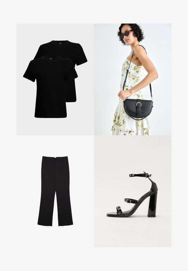 Sorte bomulds T-shirts med korte ærmer, rund hals og klassisk pasform. To skjorter er vist, med en glat stoftekstur.; Sorte bukser med lige pasform, der har frontlommer og slidser i kanten. Lavet af blødt, glat stof. Velegnet til forskellige anledninger.; Sorte patenterede hælsandaler med firkantet tå, ankelremme og sølvspænder. Har en chunky blokHæl for stabilitet.; Sort læderhåndtaske med en buet form, aftagelig rem og guldfinish. Tasken har en klap med en spænde detalje.