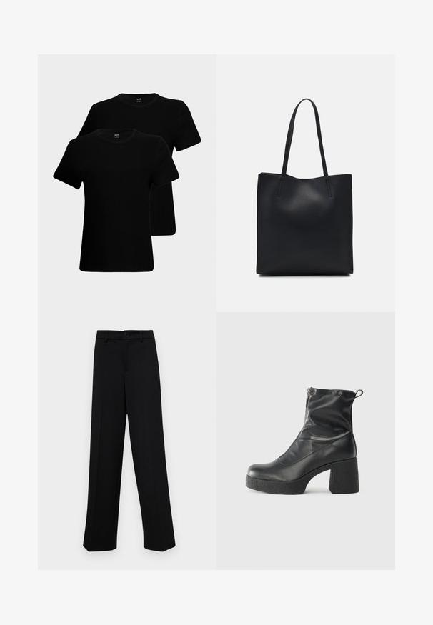 Camisetas de algodón negras con mangas cortas, cuellos redondos y un ajuste clásico. Se exhiben dos camisetas, con una textura de tela suave.; Pantalones de pierna ancha negros, hechos de un tejido suave, con una cintura clásica que incluye un cierre de botón y pliegues frontales.; Botines negros de tobillo, hechos de cuero suave, con cierre lateral, tacón grueso texturizado y diseño de punta redondeada.; Bolso tote de cuero negro con textura lisa, forma rectangular y dos asas largas. Sin herrajes ni adornos visibles.