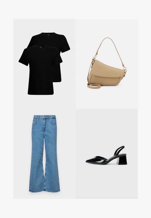 Sorte bomulds T-shirts med korte ærmer, rund hals og klassisk pasform. To skjorter er vist, med en glat stoftekstur.; Lysblå flagrende jeans lavet af denim, med høj talje, fem lommer og en enkelt knaplukning. Blød tekstur med en falmet finish.; Sorte patentlæder slingback hæle med spids tå og en geometrisk blok hæl. Har et elegant, minimalistisk design og en glat tekstur.; Even&Odd Håndtasker - beige
