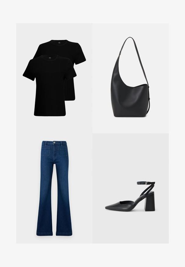 Juodos medvilnės marškiniai trumpomis rankovėmis, apvaliais iškirpimais ir klasikiniu kirpimu. Pavaizduoti du marškiniai su lygiu audinio tekstūra.; Tamsiai mėlynos džinsinės kelnės, platėjančios prie apačios, pasiūtos iš džinsinio audinio, turinčios aukštą liemenį, dvi galines kišenes ir kontrastingą siuvinėjimą siūlėse.; Juoda odinė smailiagalė aukštakulnio bateliai su kulkšnies dirželiu ir storu kulnu. Lygus paviršius, elegantiškas dizainas ir minimalistiška estetinė. ; Juodas odinis hobo maišas su lygiu paviršiumi, kreipta forma ir viena reguliuojama rankena; turi platų atidarymą viršuje.