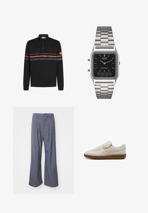 Fekete, hosszú ujjú póló, narancssárga és kék dombornyomott vízszintes csíkozással, bal ujján logóval.; Szürke csíkos nadrág széles lábakkal, elöl pliszírozva és sima textúrával. Nincsenek látható fémrészek vagy kiegészítők.; Fehér bőr edzőcipő textúrált részletekkel, gumitalppal és arany logóval. Fűzős és tépőzáras záródással rendelkezik.; Ezüst rozsdamentes acél kvarcóra fekete, téglalap alakú számlappal, analóg mutatókkal, digitális kijelzővel és vízállósági jelöléssel.