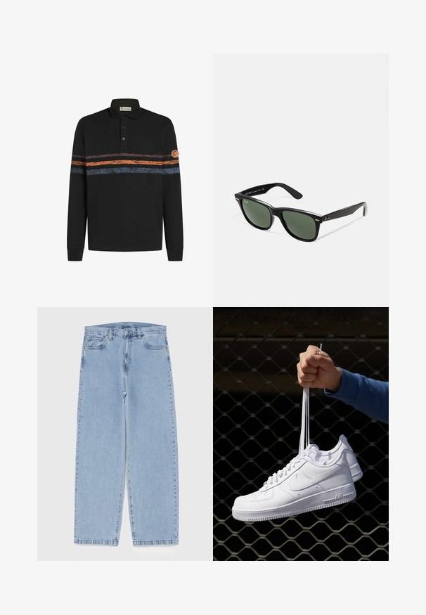 Juoda ilgomis rankovėmis polo marškinėliai, turintys tekstūruotą horizontalų dryžuotą raštą oranžine ir mėlyna spalvomis, su logotipo pleistru kairėje rankovėje.; Šviesiai mėlyni džinsai su tiesiomis kojomis, turintys vidutinio aukščio juosmenį, penkias kišenes ir mygtuko bei užtrauktuko uždarymą.; Balti odiniai sportiniai bateliai su perforacijomis, apvalia nosimi, plokščiu padu ir storomis raištelėmis, su matomu swoosh logotipu ir "AIR" ant kulno.; Juodi plastikiniai saulės akiniai su žaliais objektyvais, kvadratiniais rėmeliais, sidabriniu akcentu ant antakio ir tekstūruotais šventyklų šakutėmis. Vidinėje šakutėje nurodyta prekės ženklo pavadinimas.