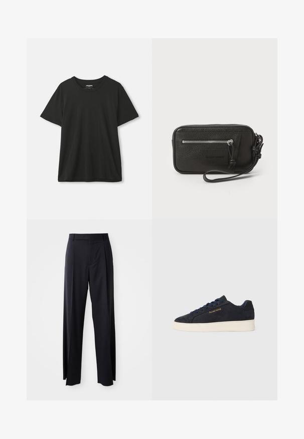 Svart kortärmad T-shirt med rund hals som hänger mot en enkel vit bakgrund, etikett synlig i kragen.; Svarta, högmidjade byxor med vida ben, gjorda av mjukt tyg. Har framtill veck och bälteshällor. Minimalistisk design, ingen synlig hårdvara.; Mörkblå mocka låga sneakers med vit sula, mörkblå snören och "Filling Pieces"-logotyp i guld på sidan.; Svart läderclutch med texturerad yta, framfickan med dragkedja och avtagbar handledsrem. Har en logotypetikett framtill. Rektangulär form.
