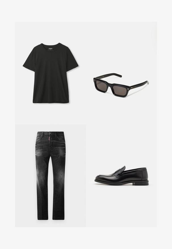 Čierny krátky rukáv s klasickým výstrihom visí na pozadí bez vzoru, štítok viditeľný vo vnútri goliera.; Čierne denimové džínsy so štandardným strihom. Obsahujú vyblednuté oblasti, drobné opotrebenie, klasický dizajn s piatimi vreckami a zapínanie na gombík.; Čierne kožené mokasíny s hladkou textúrou, zaoblenou špičkou a dekoračným pásikom cez priehlavok. Nízky vrstvený opätok, minimalistický dizajn.; Čierne obdĺžnikové slnečné okuliare s tmavými sklami, hrubým plastovým rámom, zlatými detailami na spánkoch a vygravírovaným logom značky na ramene.