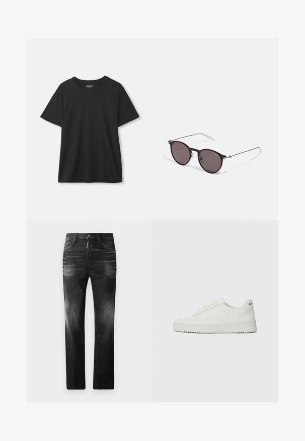 Musta lyhythihainen pyöreäkauluksinen T-paita, joka roikkuu yksinkertaista valkoista taustaa vasten, etiketti näkyvissä kauluksessa.; Mustat denimfarkut suoralla istuvuudella. Ominaisuuksiin kuuluu haalistuneita alueita, pieniä kulumia, klassinen viiden taskun malli sekä nappisulku.; Valkoinen nahkakenkä, jossa on sileä pinta, pyöreä kärki, tasaiset nauhat ja teksturoitu pohja. Sisältää huomaamattoman logon kantapäässä.; Musta pyöreä aurinkolasit tummilla linsseillä ja kapeilla metallikehyksillä. Sisältää kirkkaat temppelet ja hopeiset yksityiskohdat saranassa. Minimalistinen muotoilu.