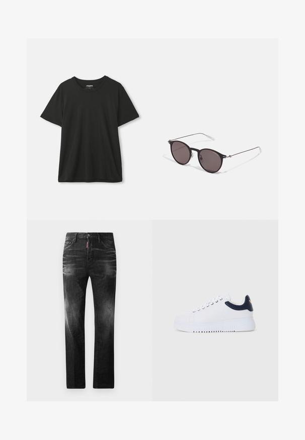 T-shirt preto de manga curta com decote redondo pendurado contra um fundo branco liso, com o rótulo visível dentro do colarinho.; Jeans de denim preto com um corte reto. Apresentam áreas desbotadas, ligeira degradação, design clássico de cinco bolsos e um fecho de botão.; Ténis brancos com pormenores em azul-marinho, apresentando uma textura suave, biqueira redonda e sola elevada, detalhados com um logo de lado.; Óculos de sol redondos pretos com lentes escuras e hastes metálicas finas. Inclui pontas de templo transparentes e detalhes em prata na dobradiça. Design minimalista.