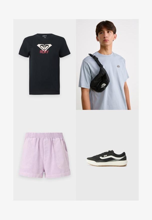 Μαύρο βαμβακερό T-shirt με στρογγυλή λαιμόκοψη. Διαθέτει κρεμ και ροζ γραφικό λογότυπο κεντραρισμένο στο στήθος. Κοντά μανίκια, κανονική εφαρμογή.; Λιλά σορτς φτιαγμένα από ελαφρύ ύφασμα με ελαστική μέση, διαθέτοντας δύο μπροστινές τσέπες και άνετη εφαρμογή.; Μαύρα sneakers με λευκές λεπτομέρειες, διαθέτοντας λείο συνθετικό επάνω μέρος, στρογγυλό σχήμα και καουτσούκ σόλα, συνδυασμένα με ανοιχτό μπεζ παντελόνι.; Μαύρη νάιλον τσάντα χιαστί με ρυθμιζόμενο λουρί, με έντονο λευκό λογότυπο. Φοριέται πάνω από ένα ανοιχτό μπλε t-shirt. Απλός, λειτουργικός σχεδιασμός.