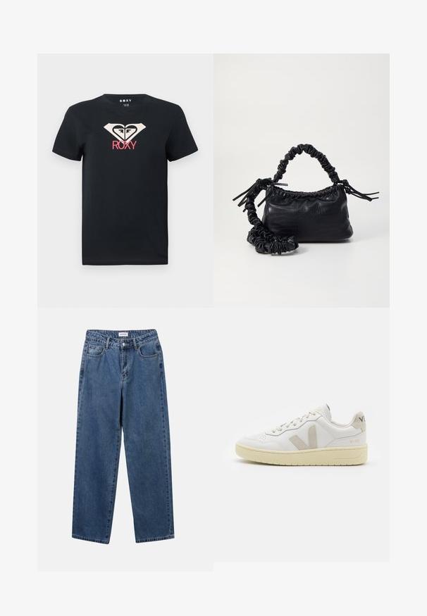 T-shirt de algodão preto com decote redondo. Apresenta um logo gráfico em creme e rosa centrado no peito. Manga curta, ajuste padrão.; Jeans de denim azul clássicos com um design de perna reta, cinco bolsos e fecho de botão. Apresenta um tratamento médio e uma textura resistente.; Sapatilha de couro branca com detalhes em camurça bege, biqueira perfurada, atacadores planos e sola texturizada creme. Apresenta uma marcação subtil no calcanhar.; Bolsa de mão em couro sintético preto com textura de crocodilo, topo franzido e alça enrugada. Apresenta um design suave e compacto.