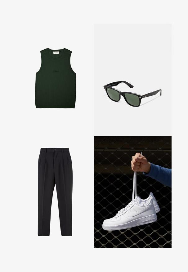 Žalias juostelėmis maikė be rankovių su apvaliu iškirpimu. Viduryje matoma subtili juoda prekės ženklų etiketė. Minkštas paviršius.; Juodi kelnių su raukšlėtu priekiu dizainu, pagaminti iš lygaus audinio. Su mygtuko užsegimu ir diržo kilpomis; tiesios kojų formos.; Balti odiniai sportiniai bateliai su perforacijomis, apvalia nosimi, plokščiu padu ir storomis raištelėmis, su matomu swoosh logotipu ir "AIR" ant kulno.; Juodi plastikiniai saulės akiniai su žaliais objektyvais, kvadratiniais rėmeliais, sidabriniu akcentu ant antakio ir tekstūruotais šventyklų šakutėmis. Vidinėje šakutėje nurodyta prekės ženklo pavadinimas.