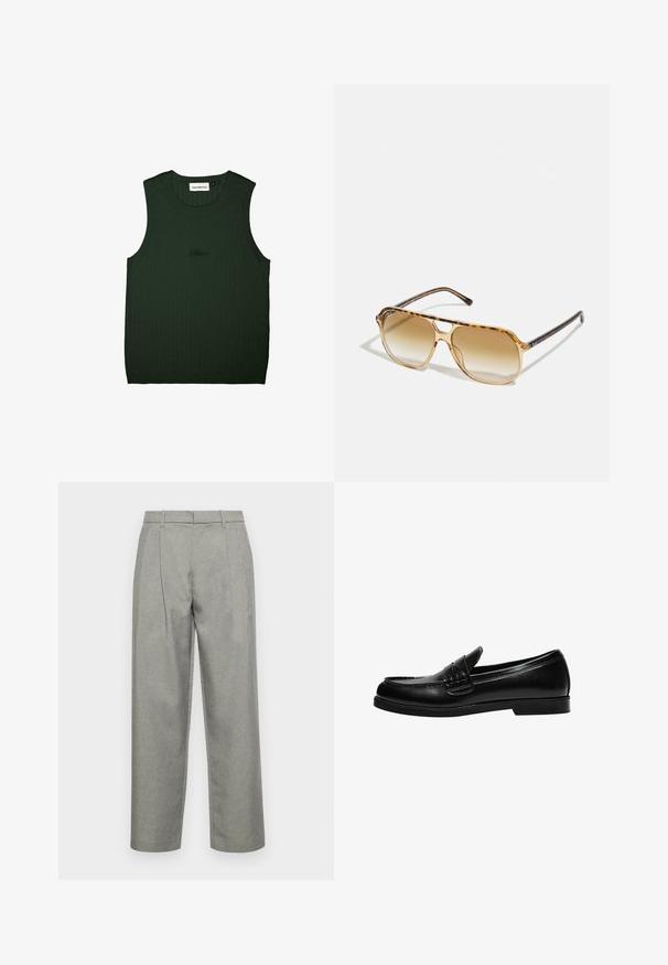 Top verde cu dungi, fără mâneci, cu un decolteu rotund. Prezintă un branding subtil, de culoare neagră, aproape de centru. Textura moale.; Pantaloni gri tăiați, dintr-un material texturat, cu un design drept, pliuri frontale și un talie standard cu bucle pentru curea.; Loafers din piele neagră cu un finisaj neted, având un detaliu de cusătură pe gât și o talpă joasă din cauciuc negru solid.; Ochelari de soare cu ramă dreptunghiulară din tortoiseshell, lentile degradé maro și brațe negre elegante, cu accente subtile ale logo-ului.