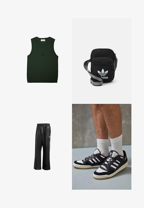 Grønn ribbestrikket tanktopp med rund hals og uten ermer. Har subtil merking i svart nær midten. Myk tekstur.; Sorte syntetiske treningsbukser med elastisk midje, som har hvite sidestreker og en liten hvit logo på venstre hofte.; Sorte og hvite sneakers med overdel i semsket skinn og lær, med tre hvite striper, perforert tå og en såle av gummi.; Svart stoff crossbody veske med glidelås, med en hvit Adidas-logo og enstripet justerbar stropp for enkel bæring.