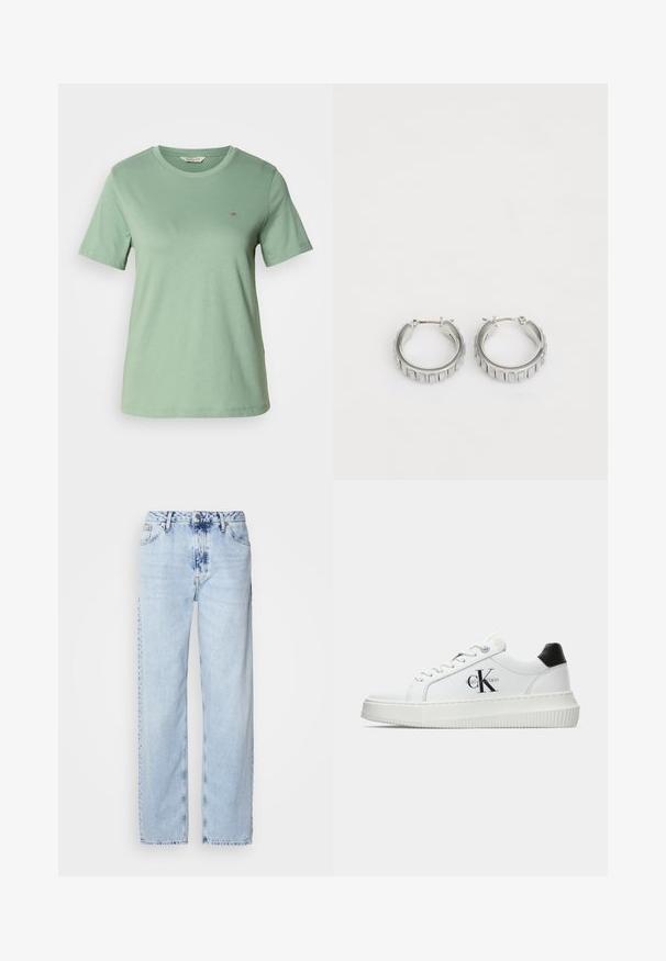 Gaiši zaļš īsām piedurknēm T-krekls, kas izgatavots no mīkstas kokvilnas. Apaļš kakla izgriezums un neliels izšūts logo kreisajā krūtīs. Gluda tekstūra.; Gaiši zilas platās kājas džinsi, izgatavoti no denima, ar augstu jostas vietu, izbalinātu krāsu un smalku krāsošanas rakstu priekšpusē.; Baltā zema topa sporta apavas ar melnu papēža cilni, platformas zoli, auklēm un Calvin Klein "CK" logo sānos.; Sudraba gredzena auskari ar faktūras dizainu, kas ietver vertikālas rievas. Apaļa forma ar drošu aizdari. Gluda apdare.