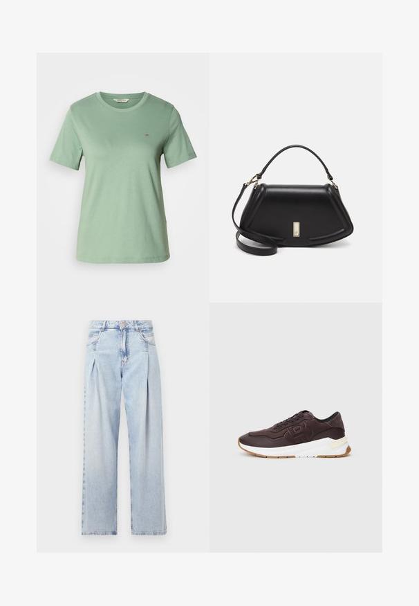 Hele roheline lühikeste varrukatega T-särk, mis on valmistatud pehmest puuvillast. Ümar kaelus ja väike broderitud logo vasakul rinnal. Sile tekstuur.; Heledad sinise denimist valmistatud teksapüksid kõrge vöökohaga, laia jala lõikega, kahe külje taskuga ja pleedi disainiga. Pehme tekstuur ja pleekinud viimistlus.; Tumed pruunid tossud musta äärisega, reljeefne logo küljes, paks valge tallaga ja kummi värvi väljatolliga, ühetaolise tausta peal.; Must mustrist käekott, millel on struktureeritud disain, lühendatud kuju, ülemine käepide ja kuldne metallist detail. Reguleeritav õlalihm on kaasas.