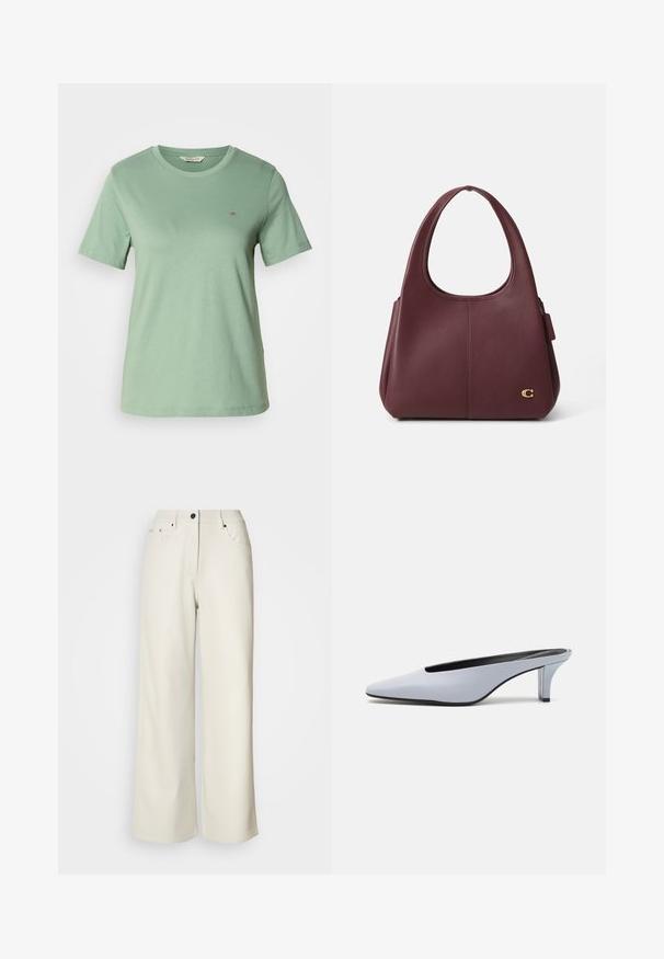 Camiseta de manga corta verde claro hecha de algodón suave. Cuello redondo y un pequeño logotipo bordado en el lado izquierdo del pecho. Textura suave.; Pantalones de pierna ancha color crema, confeccionados en una tela suave. Cuentan con una cintura de altura media, cierre con cremallera y dos bolsillos delanteros con detalles en hardware negro.; Mule de charol azul claro con punta afilada, tacón transparente bajo y un diseño elegante que presenta un corte en la parte superior.; Bolso de hombro de cuero burdeos con un asa ancha y curvada, textura suave y un acento de logo dorado en el lateral. Diseñado con una forma estructurada.
