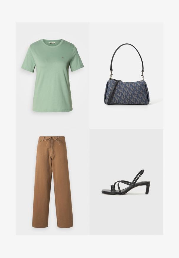 Jasnozielona koszulka z krótkim rękawem wykonana z miękkiej bawełny. Okrągły dekolt i małe haftowane logo po lewej stronie klatki piersiowej. Gładka tekstura.; Brązowe spodnie o szerokich nogawkach wykonane z bawełny, z elastycznym paskiem w talii i dwoma przednimi kieszeniami. Teksturowana tkanina o gładkim wykończeniu.; Czarne sandały na obcasie z prostokątnym noskiem i niskim słupkowym obcasem. Posiadają wiele cienkich pasków i regulowany pasek na kostkę. Wykonane z gładkiej skóry.; Niebieska torebka wzorzysta, wykonana z tkaniny, o zaokrąglonym kształcie, z czarnym skórzanym uchwytem i logo zaprojektowanym w jaśniejszym odcieniu.