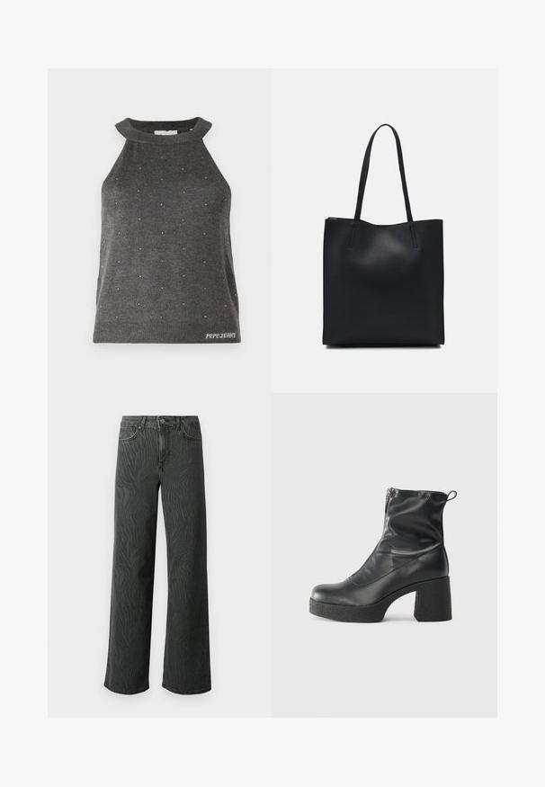 Grå ermeløs topp med høy hals, med små sølvdetaljer spredt utover og en ribbestrikket nederkant med "Pepe Jeans"-logo.; Vide ben jeans i mørkegrå denim, med en subtil zebra-mønster tekstur, kontrast søm, og fem lommer med knappestol. ; Svarte ankelstøvler laget av glatt lær, med glidelås på siden, chunky strukturert hæl, og rund tå-design.; Svart lær tote bag med glatt tekstur, rektangulær form og to lange håndtak. Ingen synlige deler eller dekorasjoner.