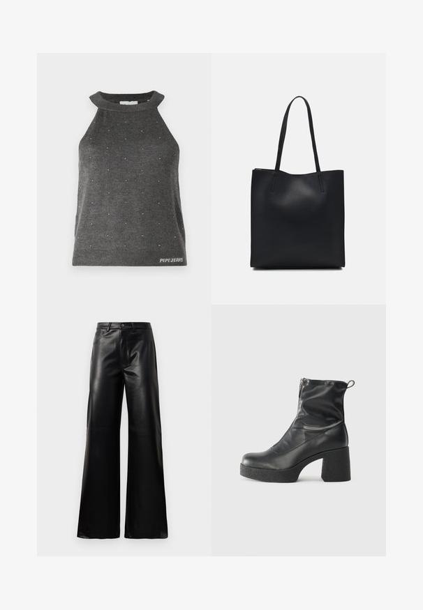 Siva brezrokavnik s visokim ovratnikom, ki ima male srebrne okraske razpršene po celotni površini ter rebrast rob z logotipom "Pepe Jeans".; Črne široke hlače iz umetnega usnja z visokim pasom, sprednjim gumbom, zadrgo, zanke za pas in stranskimi žepi na beli podlagi.; Črne gležnjarje iz gladke kože z božnim zadrgo, masivnim teksturiranim peto in zaobljeno obliko prstov.; Črna usnjena torba s svilnato teksturo, pravokotne oblike in dvema dolgima ročajema. Brez vidnih metalnih delov ali okrasnih elementov.