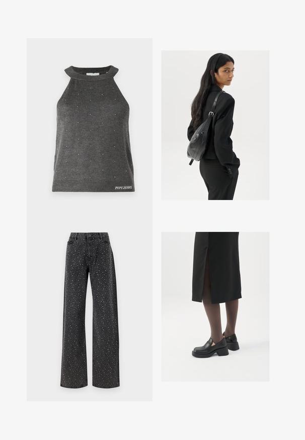 Szürke, ujjatlan felső magas nyakkal, amelyen apró ezüst díszítések találhatók, valamint bordázott aljjal rendelkezik, rajta a "Pepe Jeans" logóval.; Noisy May NMJANNEL LOOSE - Laza szabású farmerek - black denim; Fekete bőr cipők lekerekített orral, vastag blokk sarkakkal és elasztikus oldalsó díszítésekkel, sötét harisnyával és hasítékkal ellátott fekete szoknyával párosítva.; Hosszú, sötét hajú nő fekete öltönyben, fekete bőrtáskával a vállán, a vállán át néz a fehér háttér előtt.