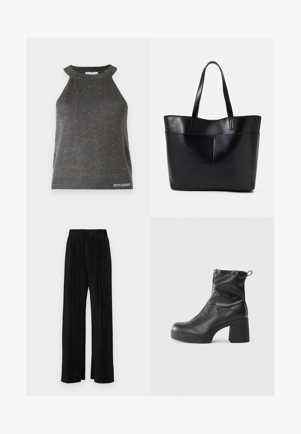 Pilkos spalvos be rankovių palaidinė su aukštu kaklu, dekoruota mažomis sidabro spalvos detalėmis, išsibarsčiusiomis visame paviršiuje, ir įribuotais kraštais su "Pepe Jeans" logotipu.; Juodi plisuoti kelnės su elastine juosta. Turėkite plačias kojas ir glotnų, tekstūrinį audinį su vertikaliais dryžiais.; Juodos kulkšninių botai, pagaminti iš lygaus odos, su šoniniu užtrauktuku, masyviu tekstūruotu kulnu ir apvaliu pirštu.; Juoda odinė rankinė su dviem ilgais diržais, lygiu paviršiumi ir struktūrizuota forma. Yra priekinė kišenė papildomam saugojimui.