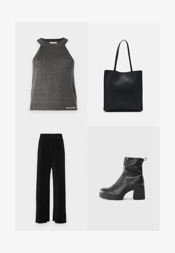 Grå ermeløs topp med høy hals, med små sølvdetaljer spredt utover og en ribbestrikket nederkant med "Pepe Jeans"-logo.; Sorte plisserte bukser med elastisk midje. Har vide ben og et glatt, strukturert stoff med vertikale striper.; Svarte ankelstøvler laget av glatt lær, med glidelås på siden, chunky strukturert hæl, og rund tå-design.; Svart lær tote bag med glatt tekstur, rektangulær form og to lange håndtak. Ingen synlige deler eller dekorasjoner.