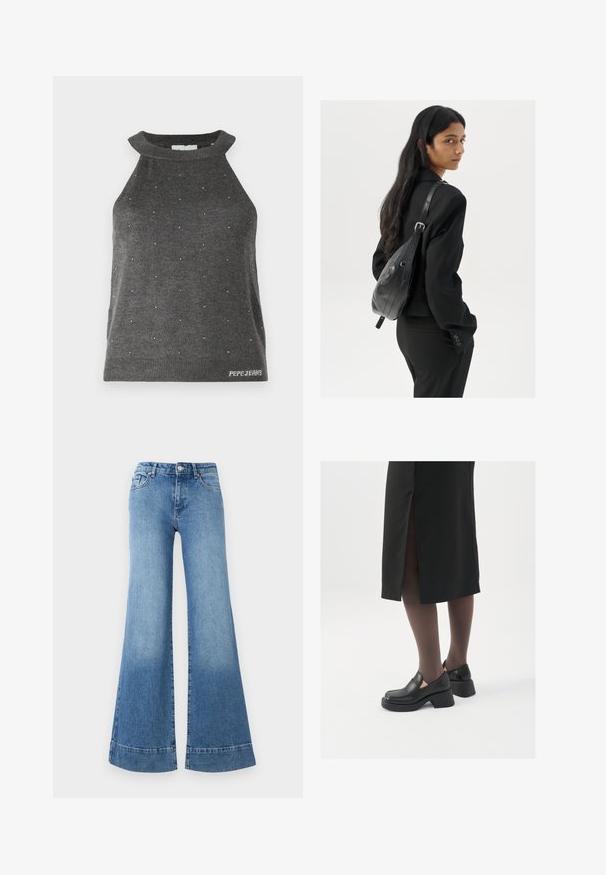 Šedý bezrukávový top s vysokým výstřihem, zdobený malými stříbrnými ozdobami rozesetými po celém povrchu a žebrovaným lemem s logem "Pepe Jeans".; Svetle modré riflové kostýmové džíny s vysokým pasem, širokými nohavicemi a mírným vyblednutím. Obsahují klasický pětikapsový design a kovové zapínání na knoflík.; Černé kožené boty s kulatou špičkou, silným blokovým podpatkem a elastickými bočními akcenty, spárované s tmavými punčochami a černou sukní se rozparkem.; Žena s dlouhými tmavými vlasy, oblečená v černém obleku, nese černou koženou kabelku přes rameno a dívá se přes rameno na bílém pozadí.