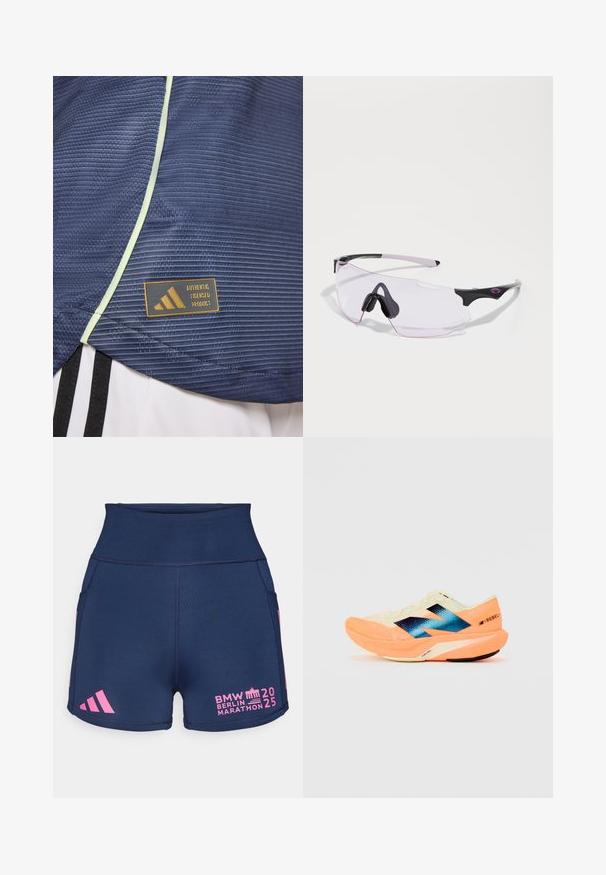 T-shirt de sport de couleur marine avec un motif texturé, rehaussé de piping vert clair et d'une étiquette de produit sous licence Adidas arborant un logo doré.; adidas Performance BER25 SHORT THIGHTS - Legging court de running - collegiate navy; Chaussure de course avec une tige légère couleur crème, un logo bleu et des accents orange sur la semelle. Texture en maille pour la respirabilité.; Lunettes de sport avec un design noir et rose durable, présentant une forme sans monture et des verres clairs légèrement teintés. Accents en caoutchouc inclus.