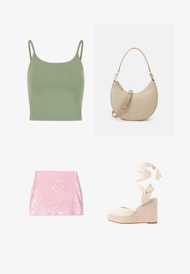 Olivengrøn, tætsiddende camisole top med tynde stropper, glat tekstur og en rund halsudskæring, designet til komfort og lag-på-lag påklædning.; Lyserød paillet mini nederdel med lodret ribbet tekstur, der har en tætsiddende silhuet og glitrende pailletter på overfladen.; Sandal med kilehæl, lavet af vævet tekstureret beige overdel, stofankelindpakning og flettet jute kile. Har lukket hæl og åben tå-design.; Beige læderhåndtaske med en halvmåneform, der har en aftagelig skulderrem, gulddetaljer og prægede "Valentino" logo.; Guldfarvede metal øreringe med en sammenkoblet abstrakt oval design, poleret finish og åbne udskæringer.