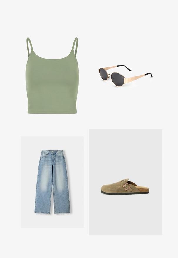 Olivno zeleni prilagojeni top s tankimi naramnicami, gladka tekstura in okrogli izrez, zasnovan za udobje in plastenje.; Svijetloplave traper široke hlače s visokim strukom, s izblijeđenim finišem, pet džepova i ravnim krojem.; Copatarski copat iz semiša v olivno zeleni barvi z ozkim trakom in detajlom iz kovinske sponke. Ponaša se z nogavnim vložkom iz plute in črnim gumijastim podplatom.; Svetlo zlatne ovalne naočale s tamnim lećama, s elegantnim dizajnom, tankim krakovima i crnim akcentom na sljepoočnici. Broj modela L37.; Hobo torba iz mehkega, usnjeno podobnega materiala v svetlo bež barvi. Ima okroglo obliko, širok trak in zadrgo.