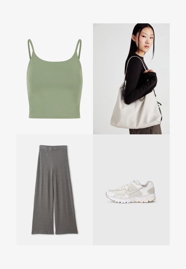 Olivinės žalios spalvos prigludusi tankų su plonomis petnešėlėmis, lygia tekstūra ir apvaliu iškirpimu, sukurta patogumui ir sluoksniavimui.; Pilkai juostos plačios kelnės su aukštu, elastingu juosmeniu. Audinys atrodo minkštas ir tekstūruotas, suteikiantis laisvą prigludimą visame ilgyje.; Baldos spalvos sportinė avalynė, pagaminta iš tinklinės ir sintetinės medžiagos. Yra su tekstūruotu dizainu, paminkštintu apvadu ir geometriniais akcentais ant kulno.; Bežinė rankinė, pagaminta iš minkštos medžiagos, turinti laisvą dizainą, siuvinėtas detalės ir dvi petnešos. Tinkama kasdieniam naudojimui.