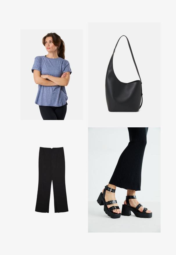 Blau meliertes T-Shirt mit kurzen Ärmeln, lockerem Schnitt, Rundhalsausschnitt und umgeschlagenen Ärmeln. Getragen mit schwarzen Leggings, die eine glatte Textur zeigen.; Schwarze Hose mit geradem Schnitt, ausgestattet mit Fronttaschen und Seitenschlitzen am Saum. Hergestellt aus weichem, glattem Stoff. Geeignet für verschiedene Anlässe.; Schwarze Plattform-Sandalen mit robusten, profilierten Sohlen und mehreren Riemen, ausgestattet mit metallischen Schnallen und einer glatten, lederähnlichen Textur.; Schwarze Leder-Hobo-Tasche mit einer glatten Textur, geschwungener Form und einem einzelnen verstellbaren Tragegurt; verfügt über eine weite Öffnung am oberen Ende.