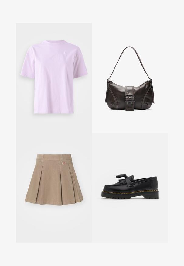 Lavender cotton t-shirt with short sleeves, round neckline, and a small white logo on the left chest. Smooth texture and relaxed fit.; Beige pleated skirt made from a textured fabric. Features a waistband with belt loops and a logo patch on the front left side.; Black leather loafer with a tasseled accent, featuring a chunky black sole and yellow stitching along the edge. Textured finish.; Brown leather shoulder bag with a curved shape, featuring a prominent buckle detail, contrasting stitching, and a single shoulder strap.