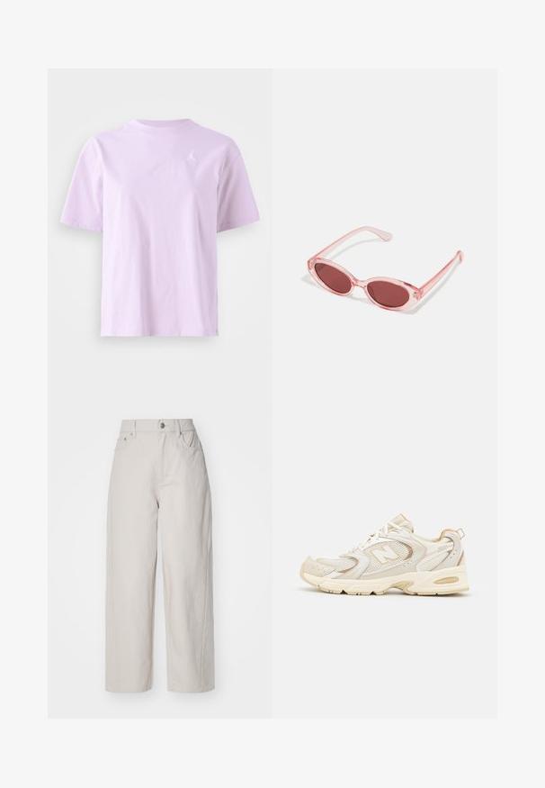 Lavendel bomulds t-shirt med korte ærmer, rund halsudskæring og et lille hvidt logo på venstre bryst. Glat tekstur og afslappet pasform.; Beige brede benbukser i cotton med høj talje, knap- og lynlås-lukning og fire lommer; glat tekstur med denim-finish.; Beige atletik sko med mesh og syntetiske overlejringer, med en tekstureret overflade, polstret krave og "ABZORB" dæmpning ved hælen.; Lyserøde transparente solbriller med ovale linser, mørkerød toning og slanke stænger, der har en glat overflade og diskret detaljering på rammen.