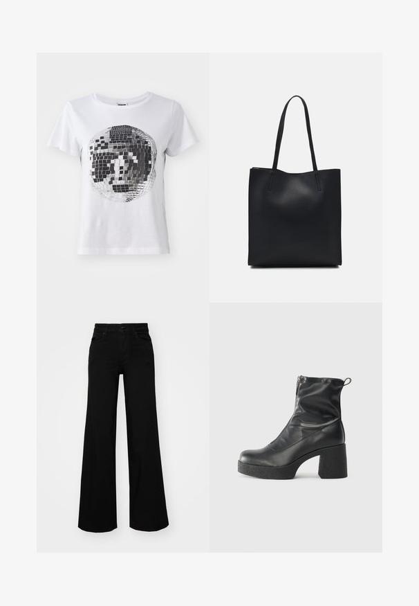 Noisy May NMNATE DISCO - T-shirt estampada - bright white; Calças largas pretas em denim, com uma cintura estruturada, passantes para cinto e bolsos frontais. Textura suave com um design clássico.; Botas de tornozelo pretas feitas de couro liso, com fecho lateral, salto grosso texturizado e design de bico arredondado.; Bolsa tote preta em couro com textura lisa, forma retangular e duas alças longas. Sem hardware ou enfeites visíveis.